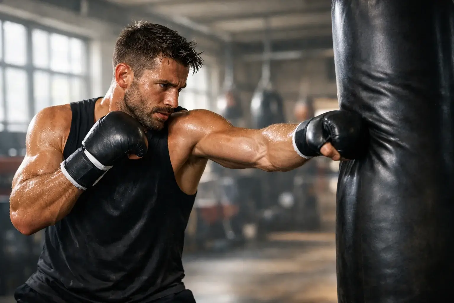Professioneller Boxer beim Training am Sandsack im Fitnessstudio