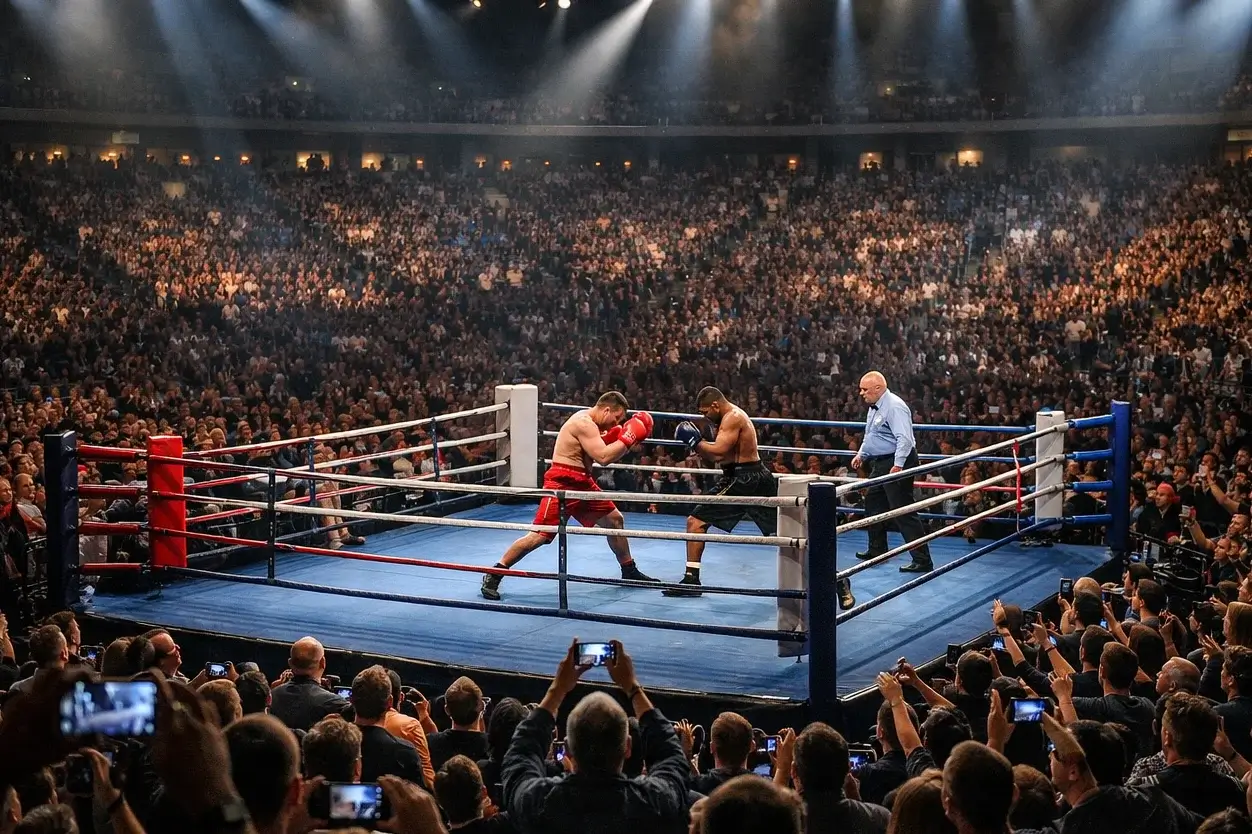 Spannende Szene während eines Live-Boxkampfes mit Publikum